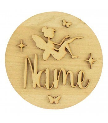 Laser Cut Oak Veneer Circle Plaque Personalised Name With Fairy Shapes